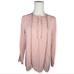 French Connection Blush Lace Trim Long Sleeve Henley Blouse XS Pink Top